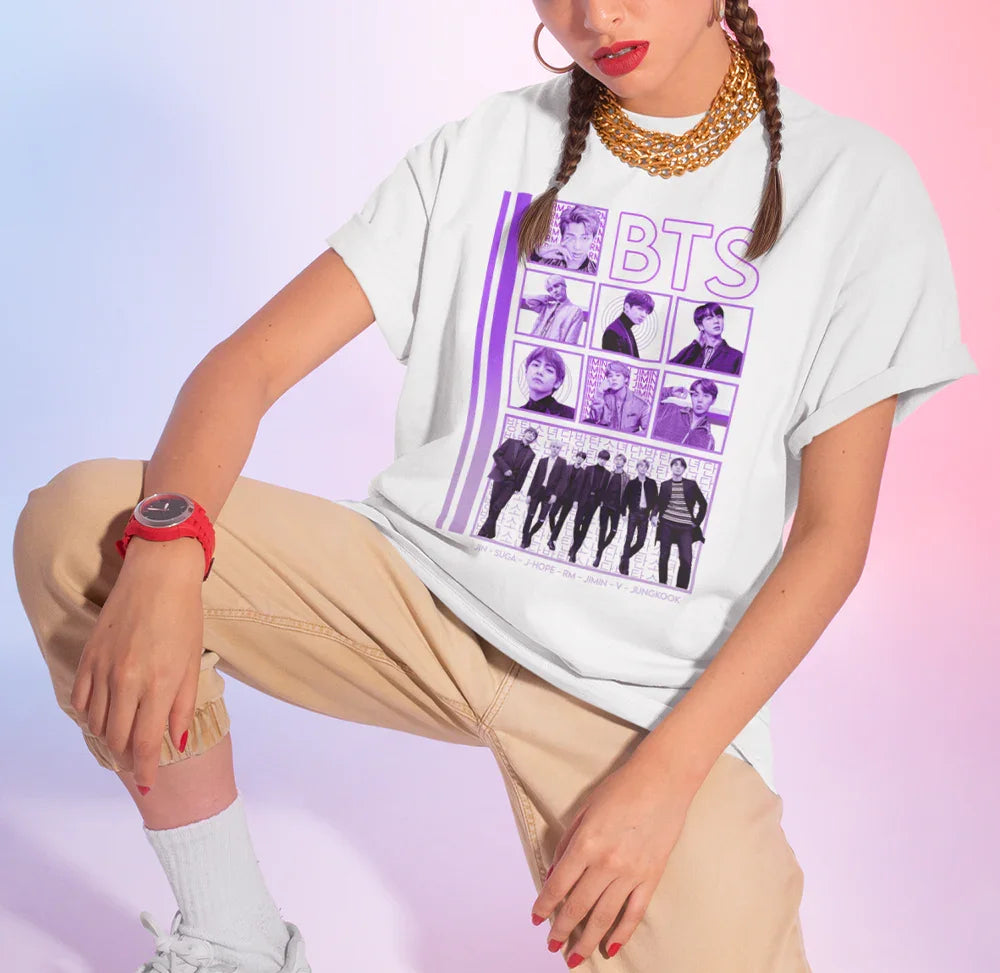 Camiseta Básica BTS Integrantes Roxo- BRANCO