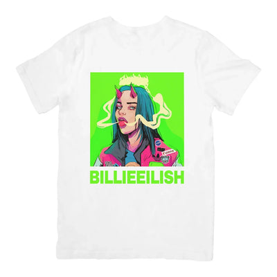 Camiseta Básica Billie Eilish Demon Cartoon - Branco