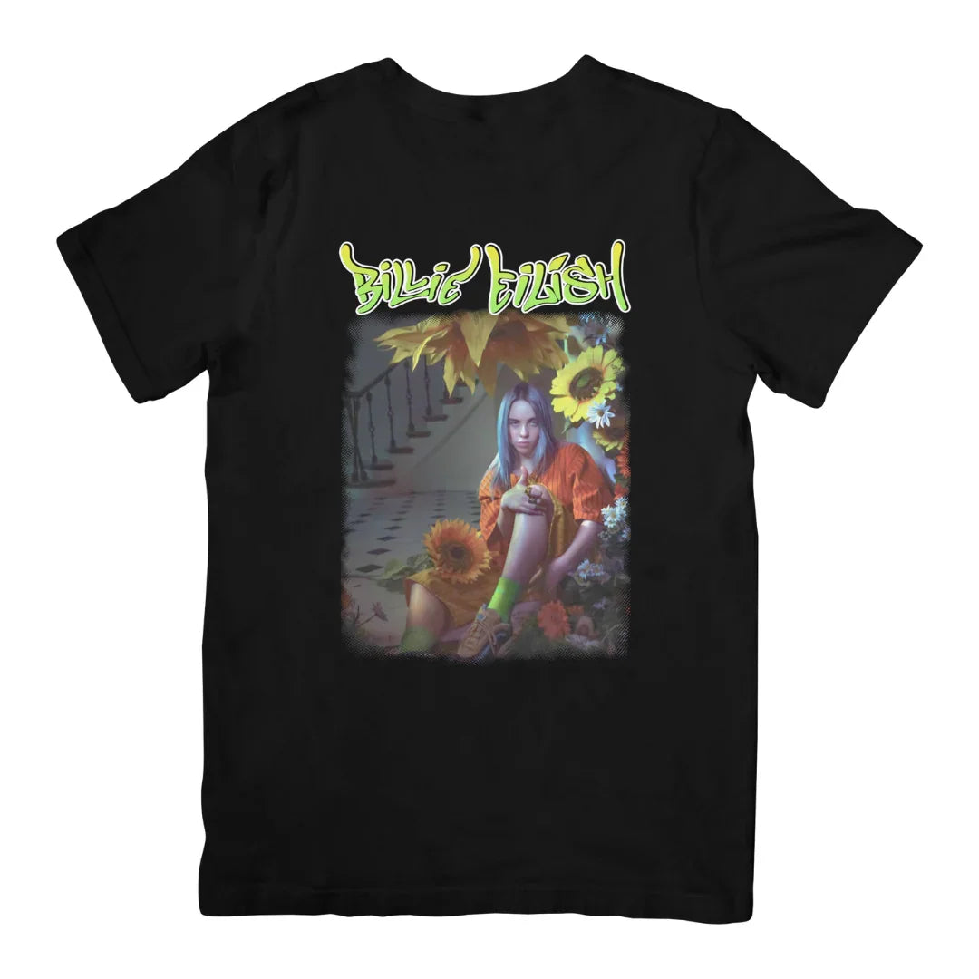 Camiseta Básica Billie Eilish Sunflower - Preto