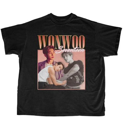 Camiseta Básica Seventeen Wonwoo Retro - preto