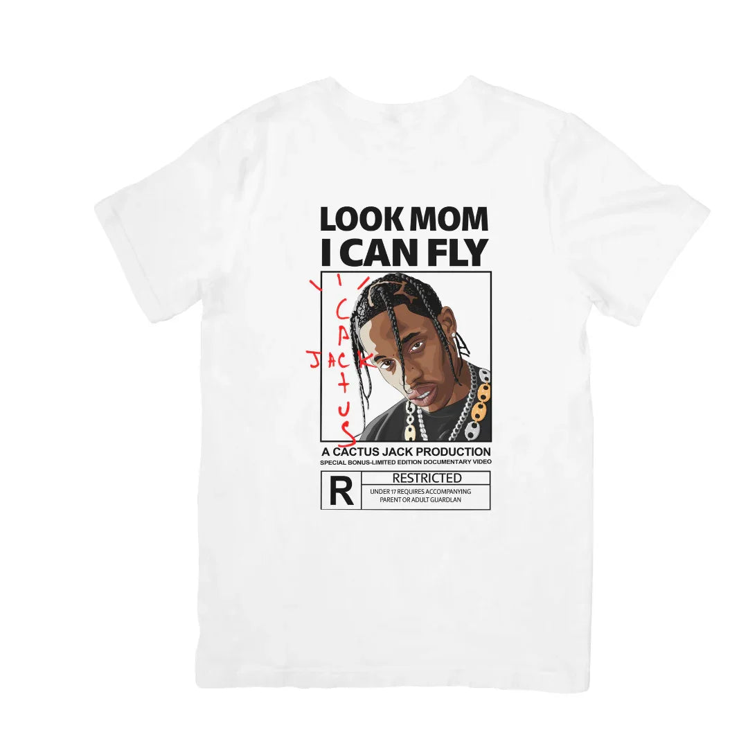 Camiseta Básica Travis Scott Look Mom I Can Fly Branco