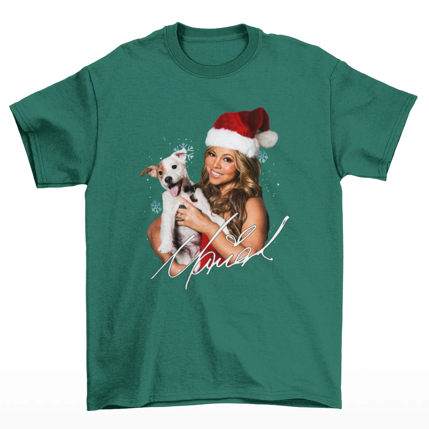 Camiseta Básica Christmas Mariah Carey With A Dog- VERDE