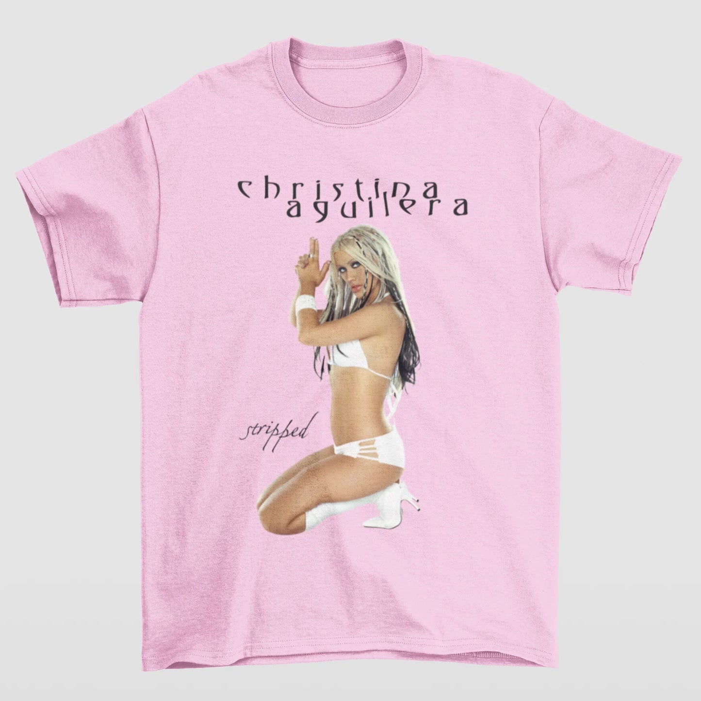 Camiseta Básica Christina Aguilera Stripped- rosa bebe