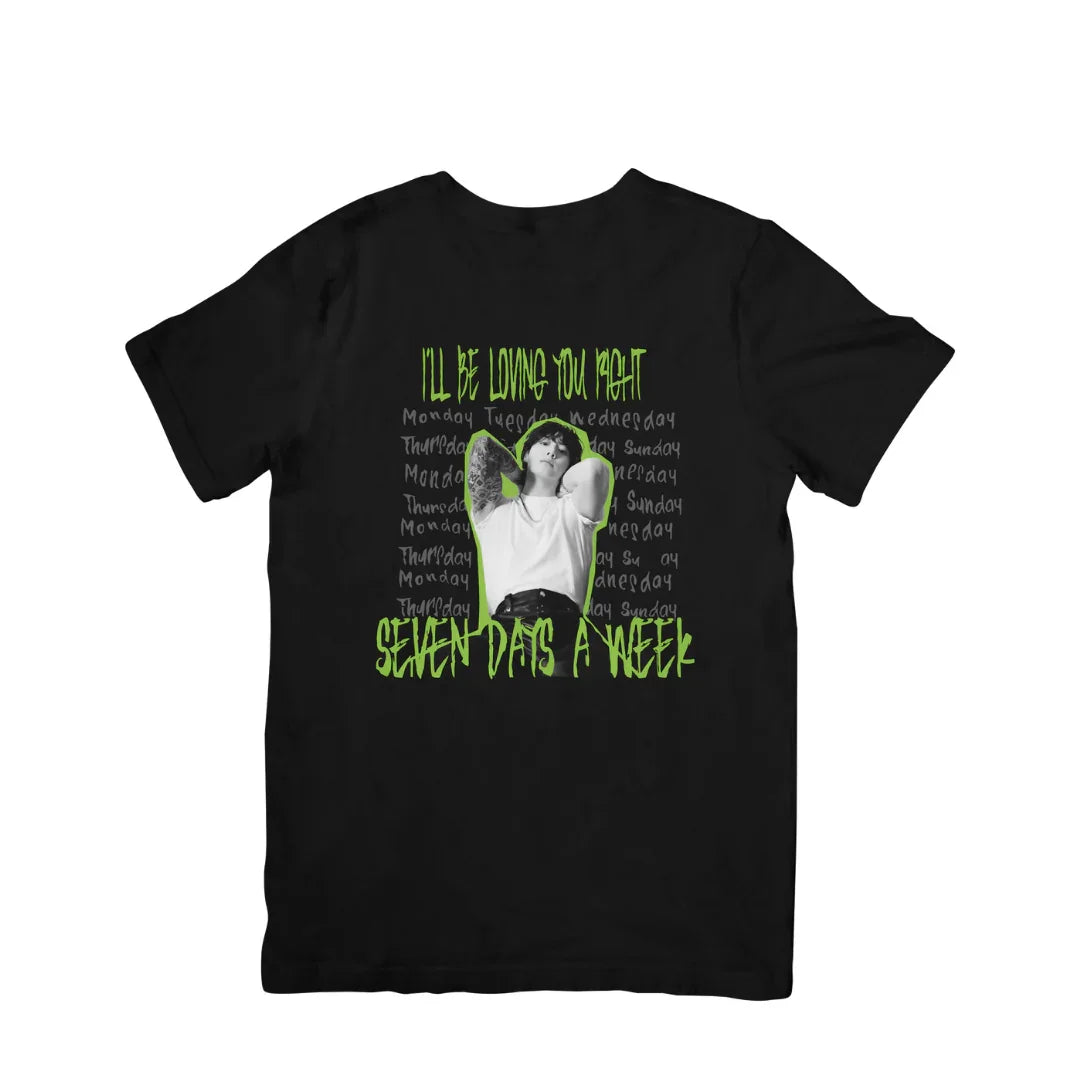 Camiseta Básica BTS Seven Days A Week Letter-PRETO