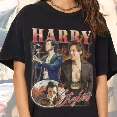 Camiseta Básica Harry Styles Vintage Graphic - Preto