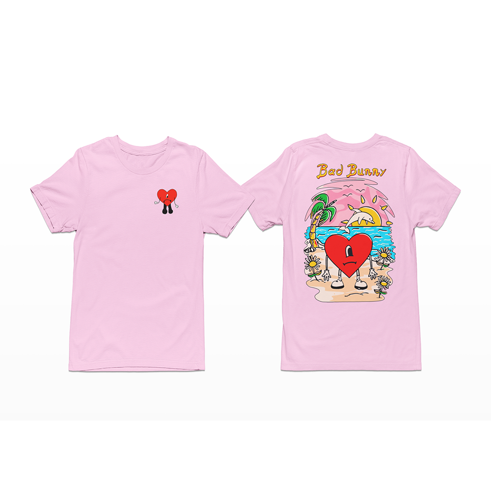 camiseta básica rosa bebê bad bunny com estampa de coração triste na praia 