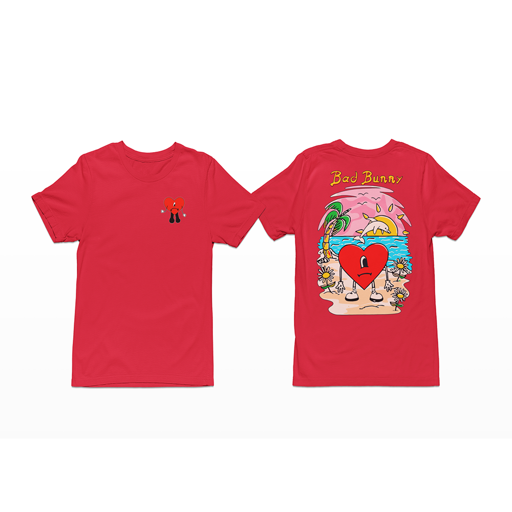 camiseta básica vermelho bad bunny com estampa de coração triste na praia 