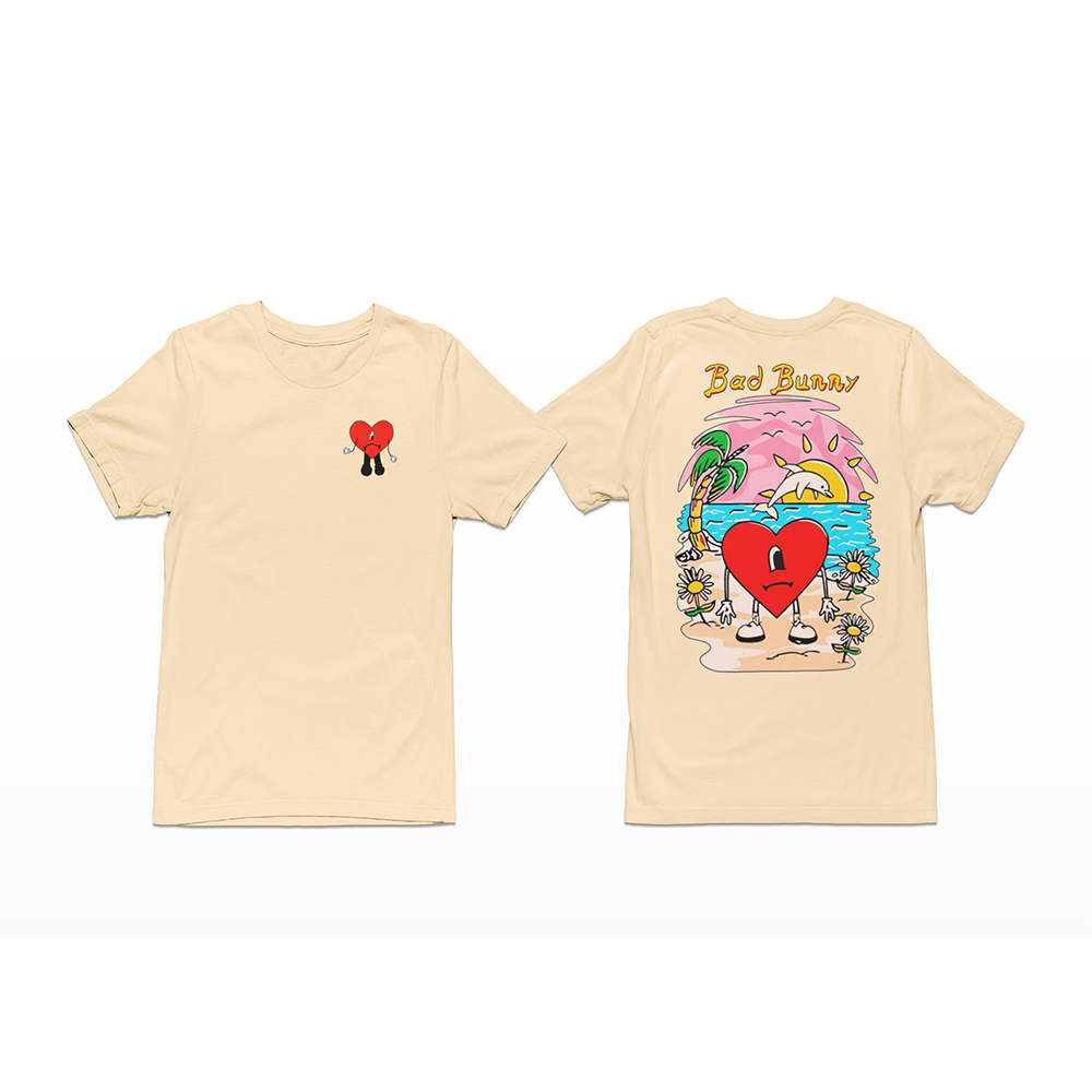 camiseta básica pérola bad bunny com estampa de coração triste na praia 