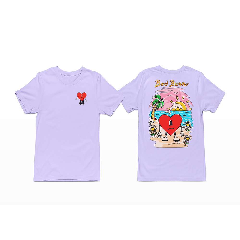 camiseta básica lilás bad bunny com estampa de coração triste na praia 