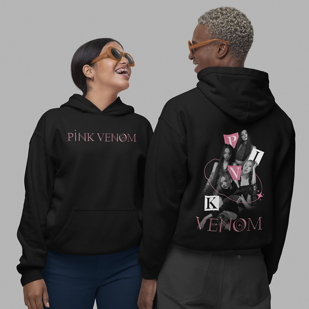 Moletom Canguru Pink Venom Retro Collab Blackpink-PRETO