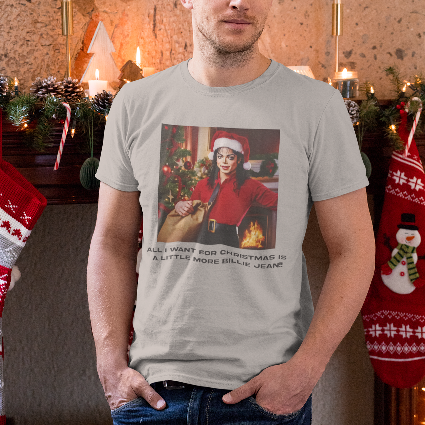 Camiseta Básica Michael Jackson Christmas- cinza