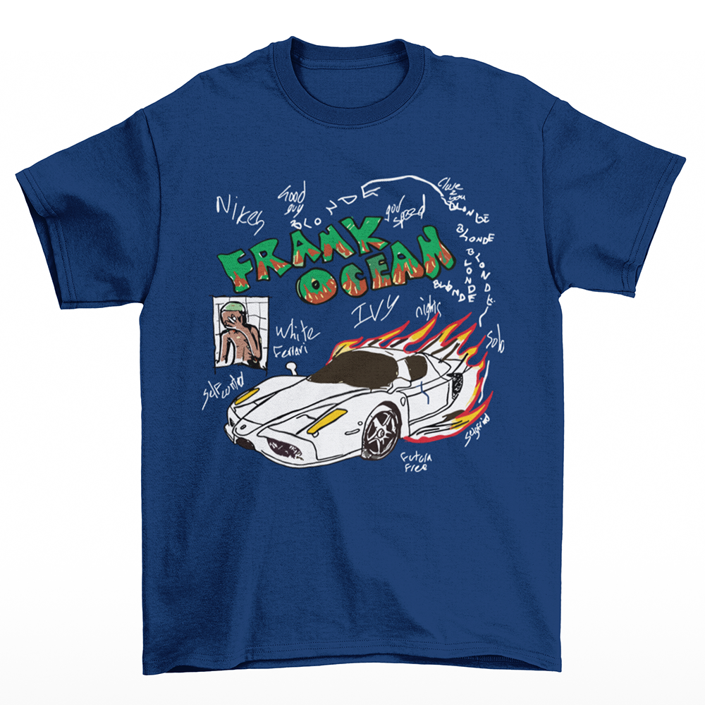 camiseta básica azul marinho com estampa de carro pegando fogo frank ocean