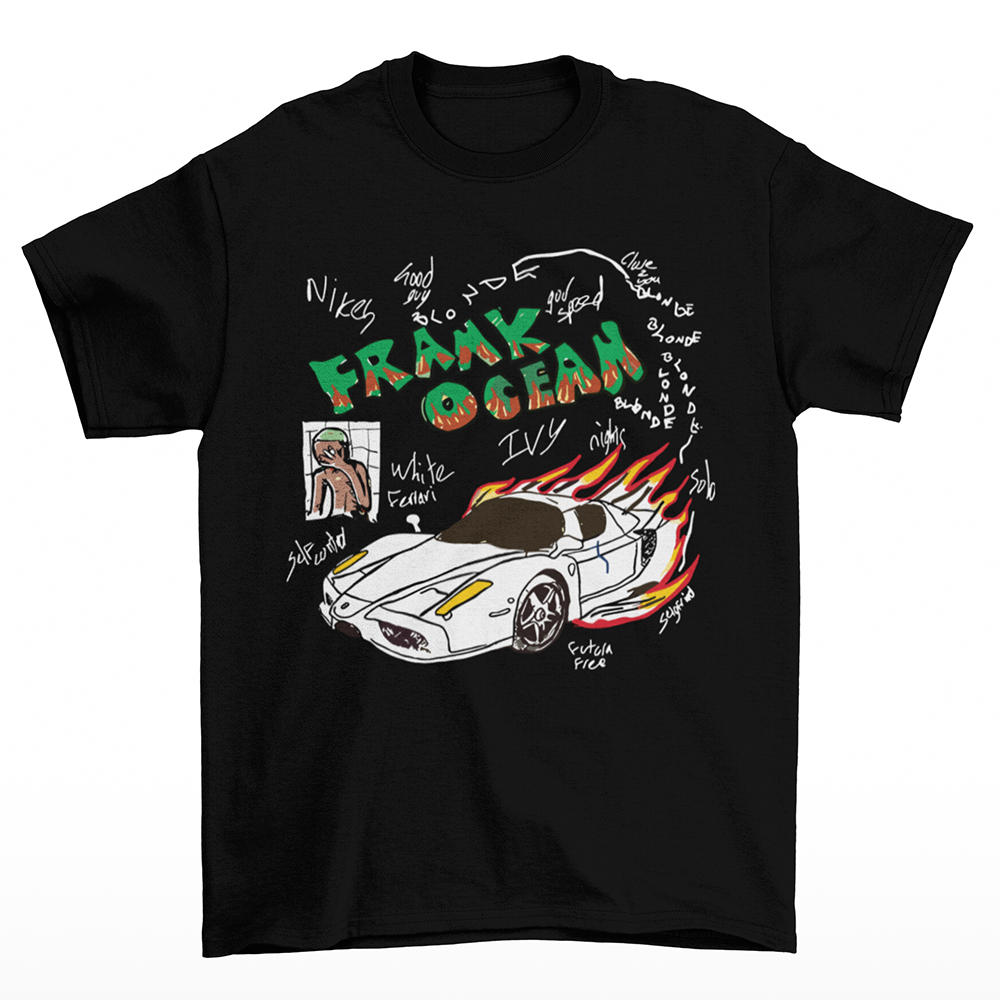 camiseta básica preto com estampa de carro pegando fogo frank ocean