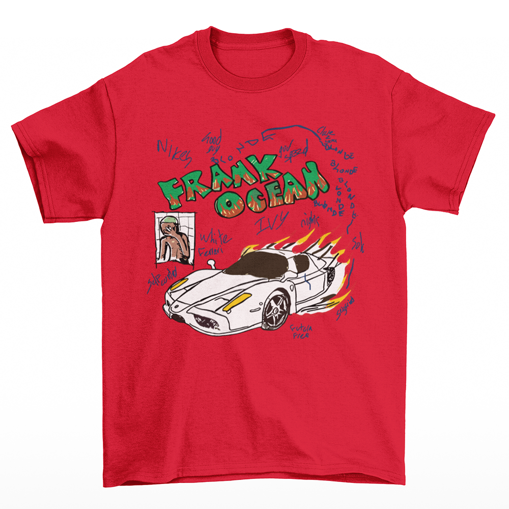 camiseta básica vermelha com estampa de carro pegando fogo frank ocean