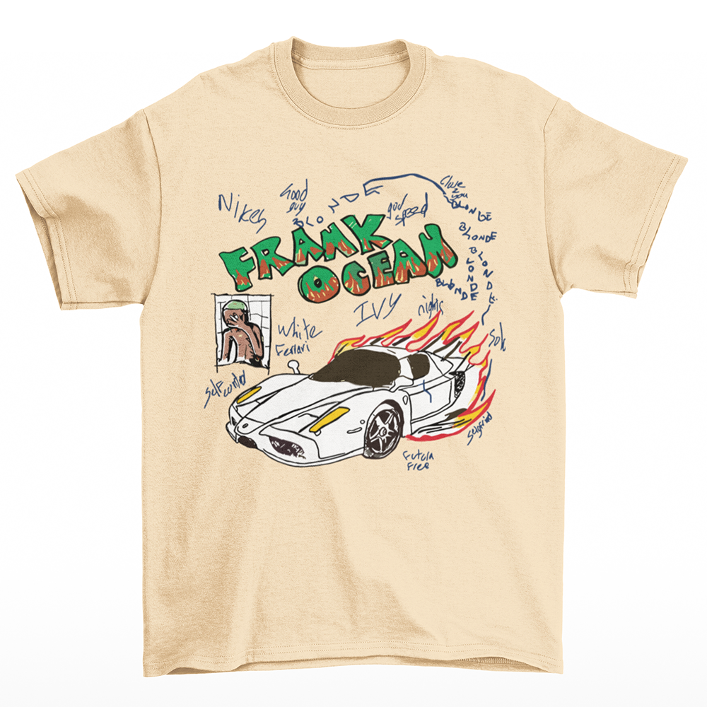 camiseta básica pérola com estampa de carro pegando fogo frank ocean