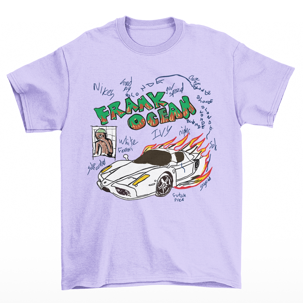 camiseta básica lilás com estampa de carro pegando fogo frank ocean