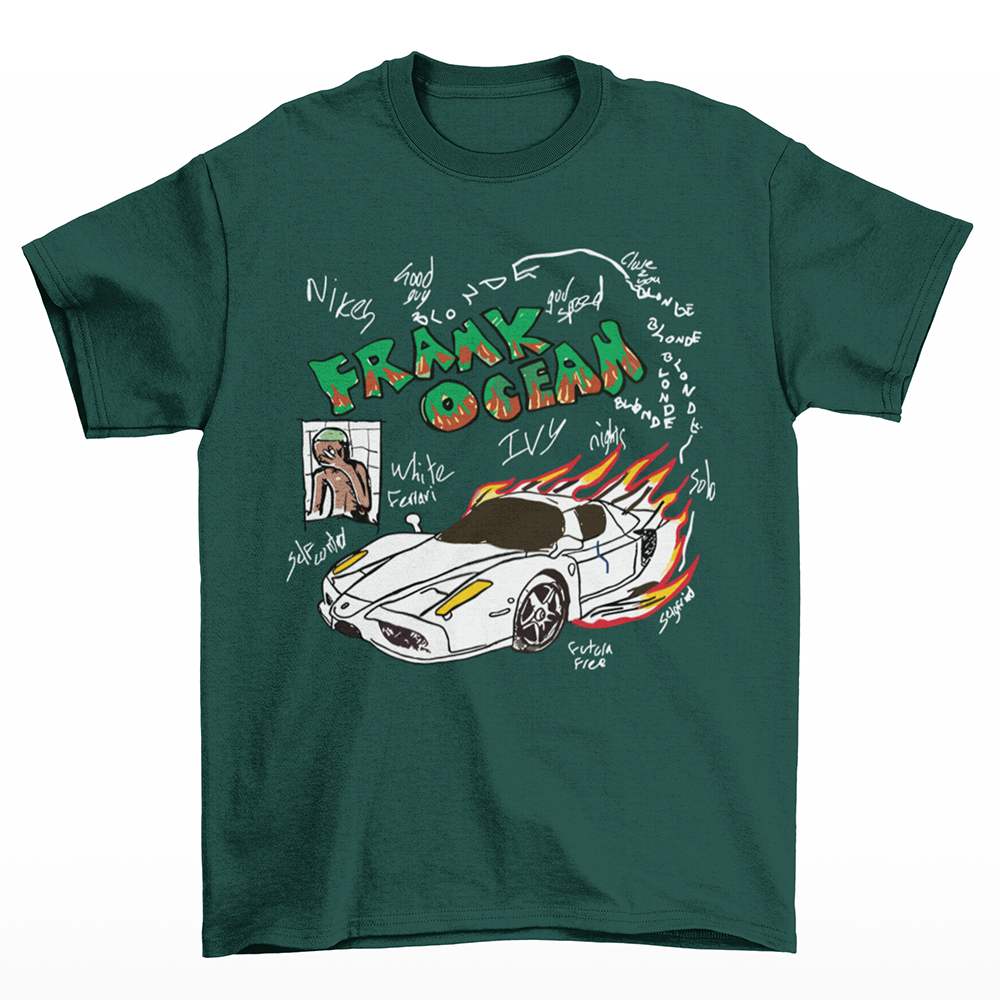 camiseta básica verde com estampa de carro pegando fogo frank ocean