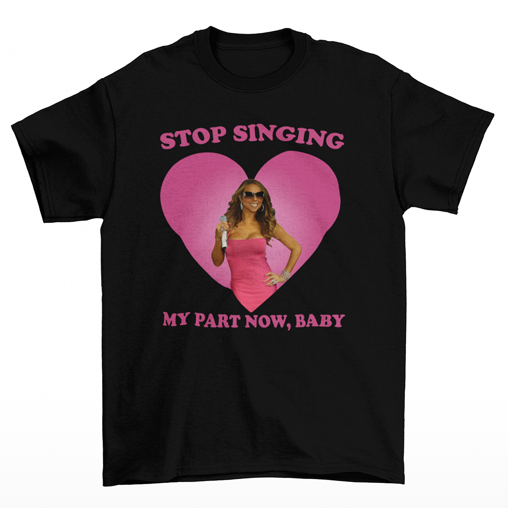 camiseta básica preto com estampa da Mariah Carey stop singing