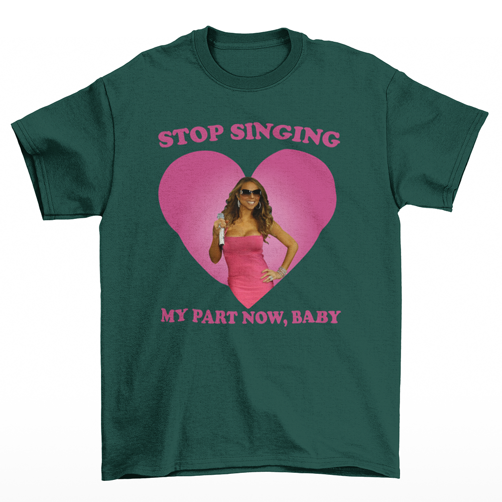 camiseta básica verde com estampa da Mariah Carey stop singing