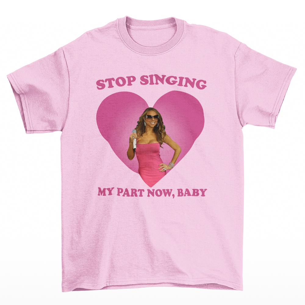 camiseta básica rosa bebê com estampa da Mariah Carey stop singing