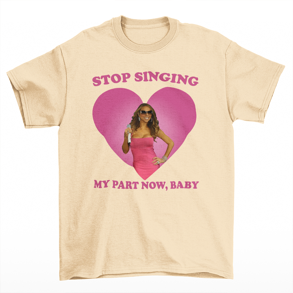 camiseta básica pérola com estampa da Mariah Carey stop singing