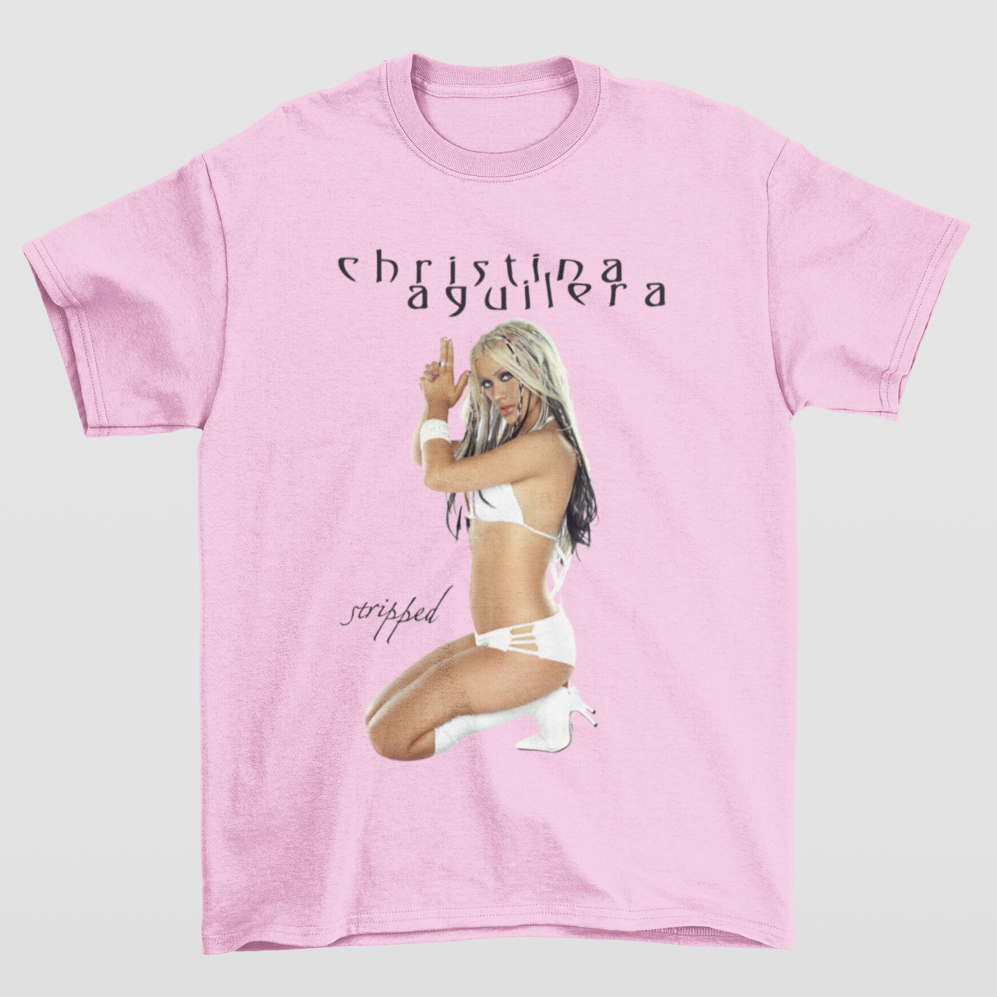 Camiseta Básica Christina Aguilera Stripped- rosa bebe